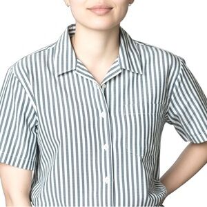 Lola River short sleeved button up shirt Blue white stripe Boxy womens L Cotton